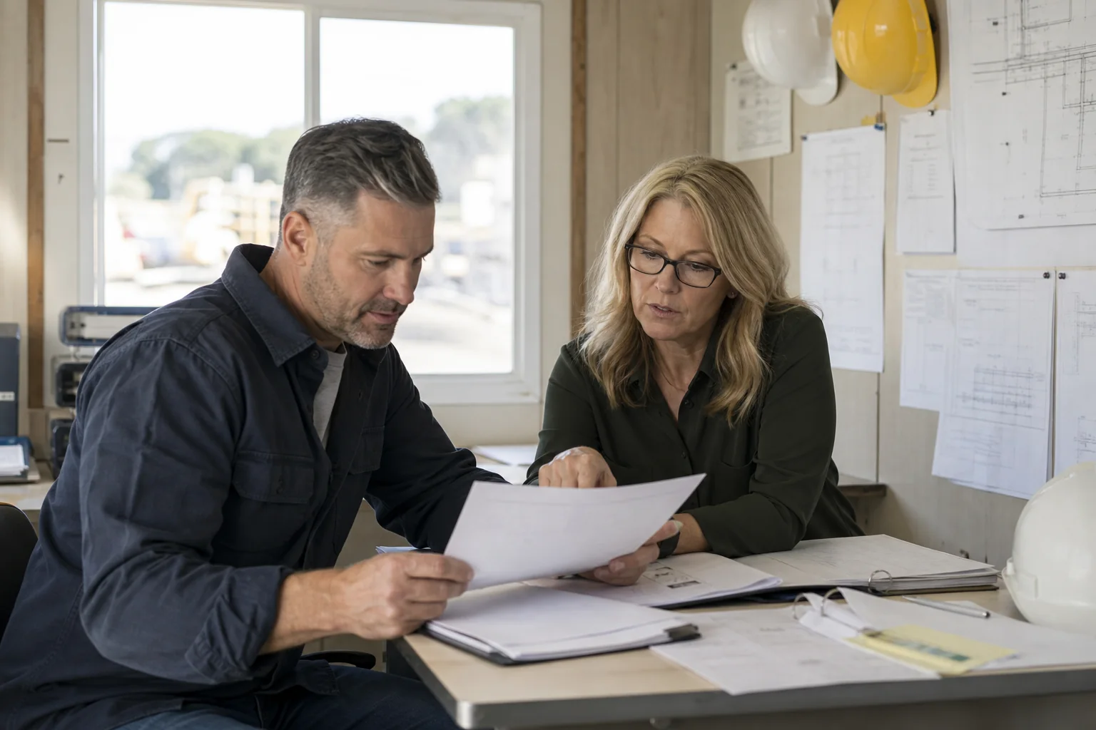Construction company owner reviewing job costs with an accountant