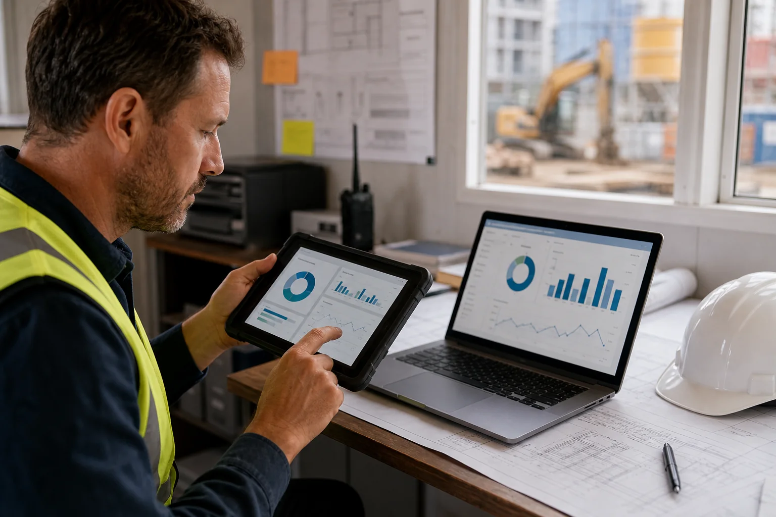Contractor using cloud accounting software in a construction site office