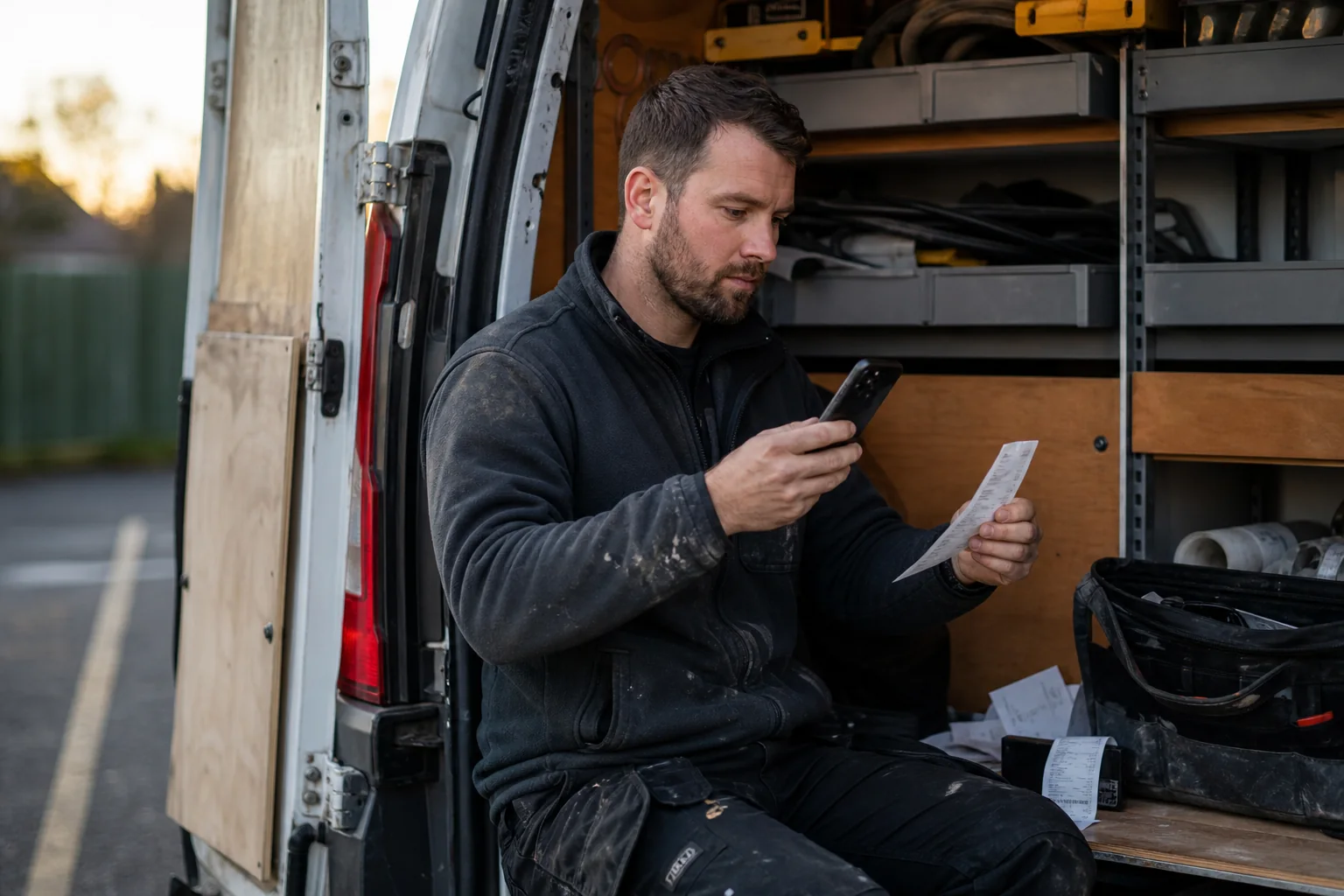 Electrician recording allowable business-expense receipts in a work van