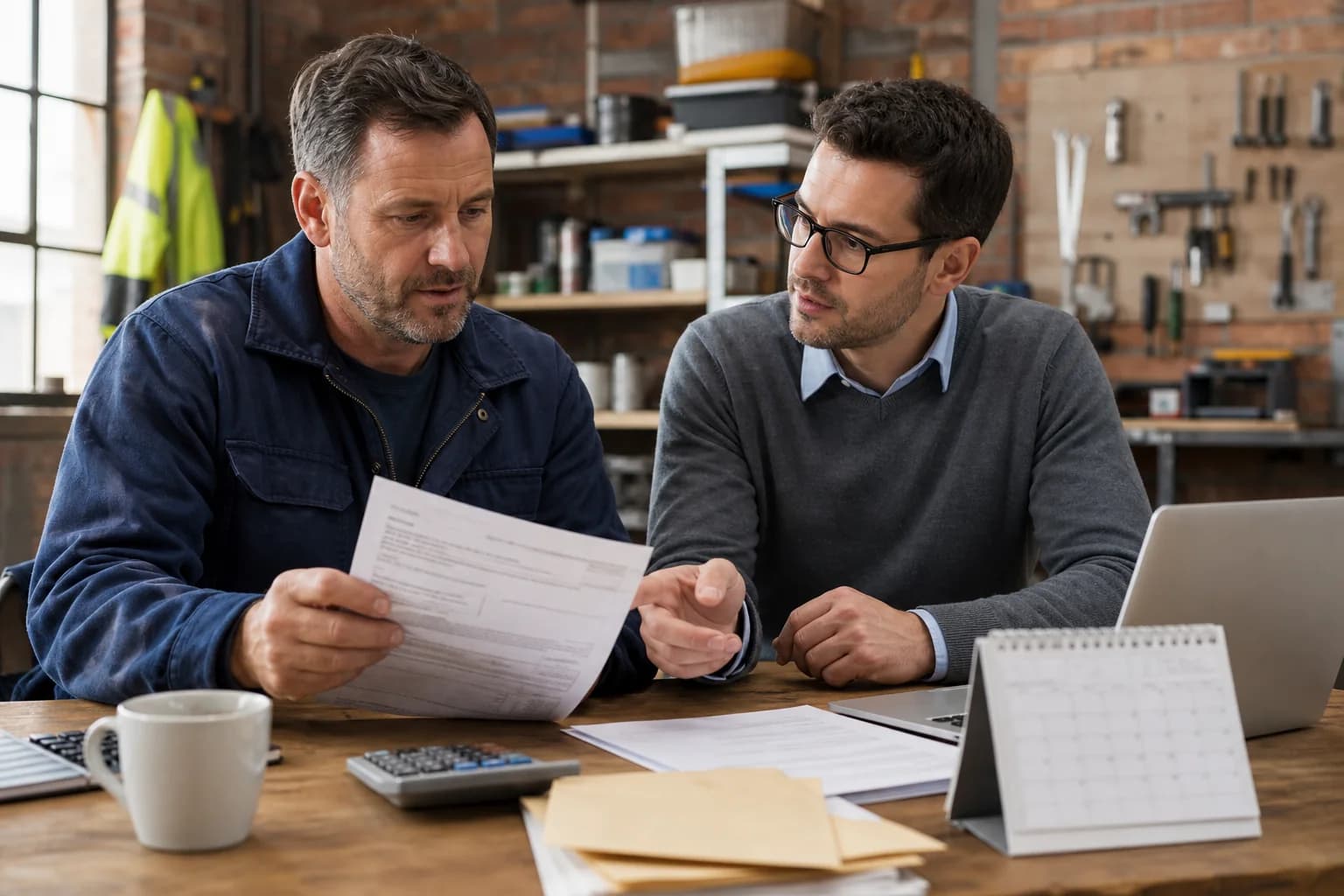Construction business owner reviewing a CIS penalty with a tax adviser