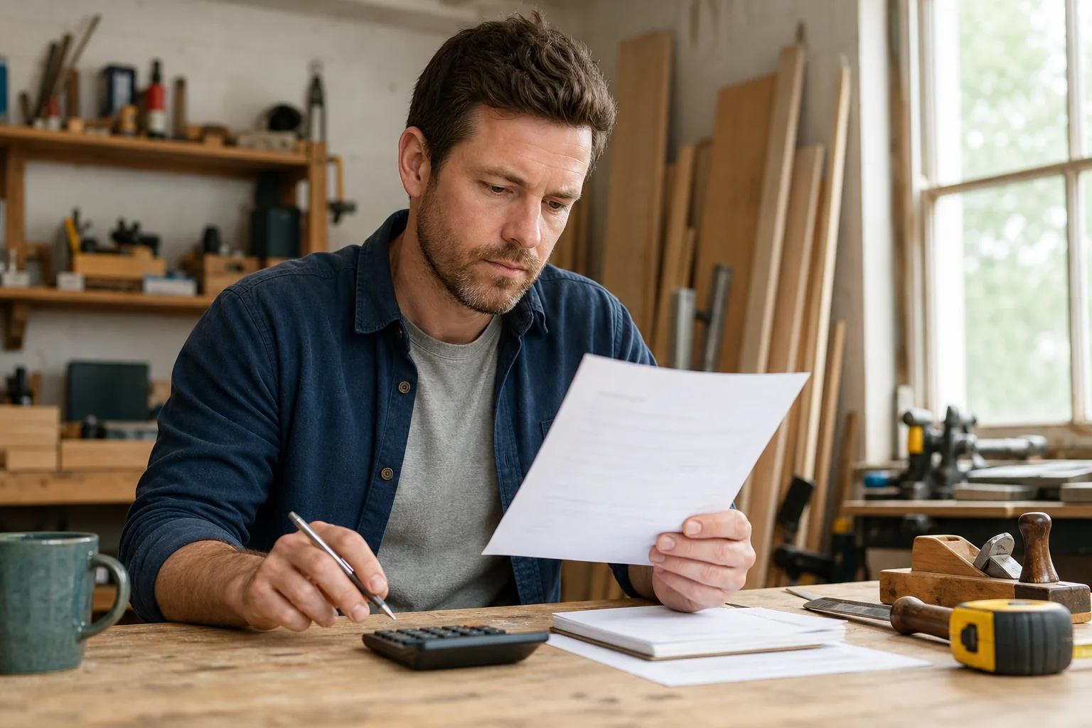 Self-employed carpenter reviewing a CIS tax deduction statement