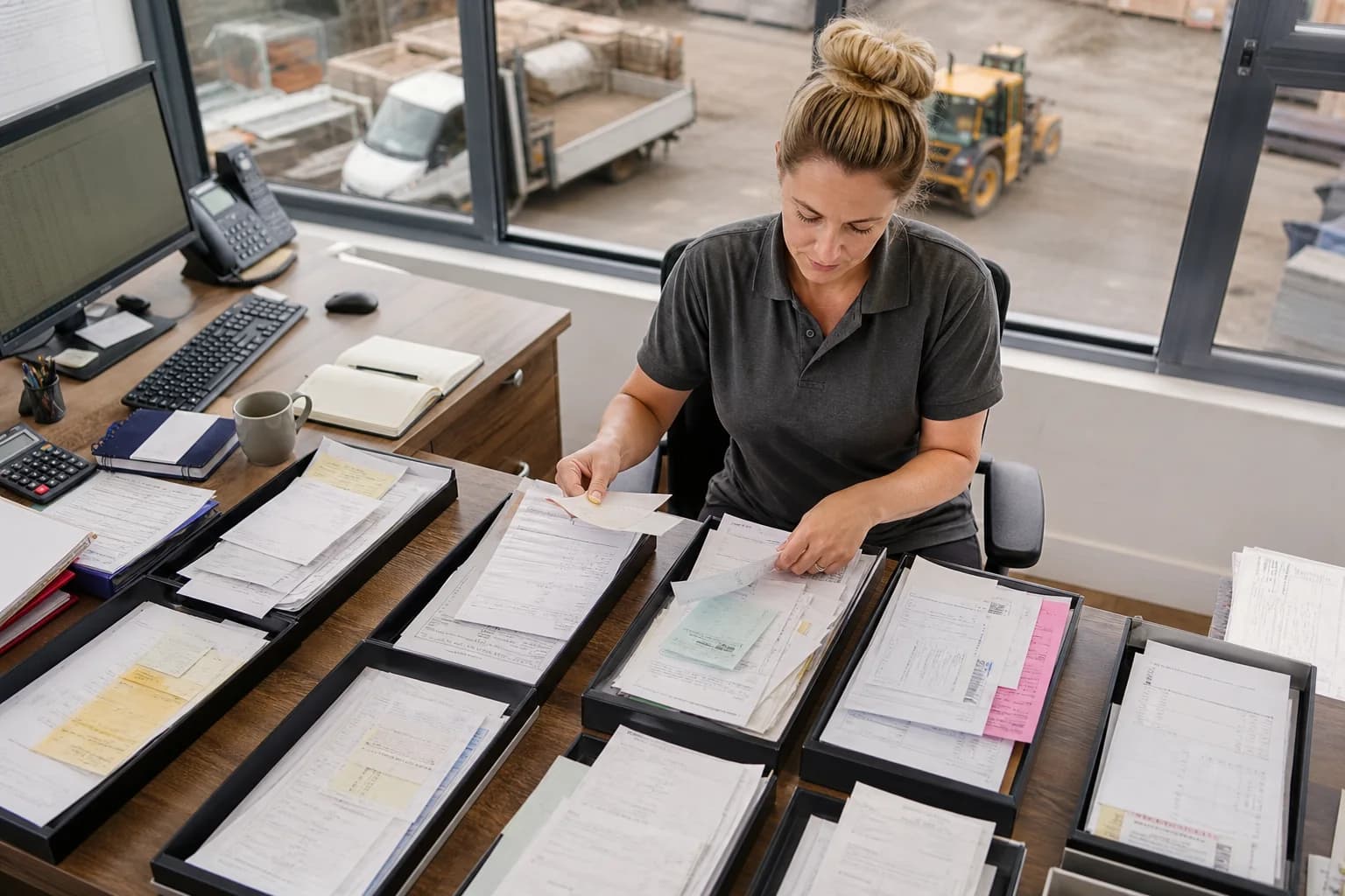 Construction bookkeeper organising supplier invoices and delivery records