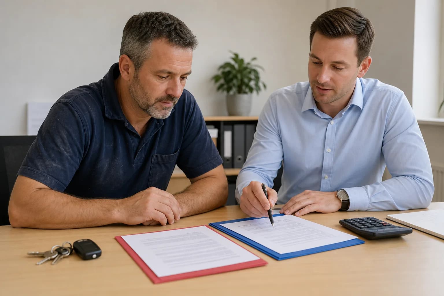 Tradesperson comparing limited-company and sole-trader structures with an accountant
