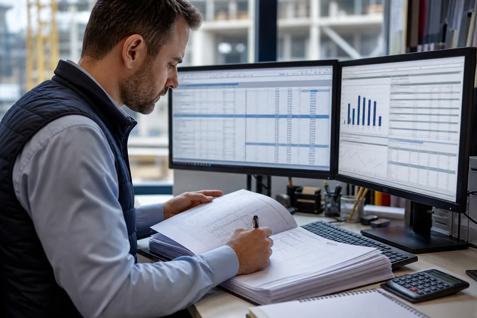 Quantity surveyor reconciling long-term contract balances at year end
