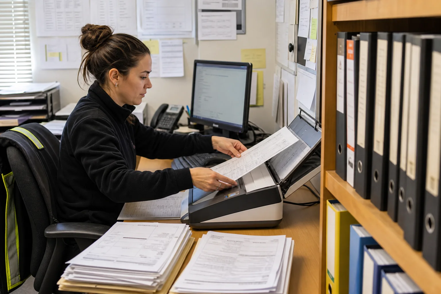Administrator scanning construction invoices into a digital record-keeping system