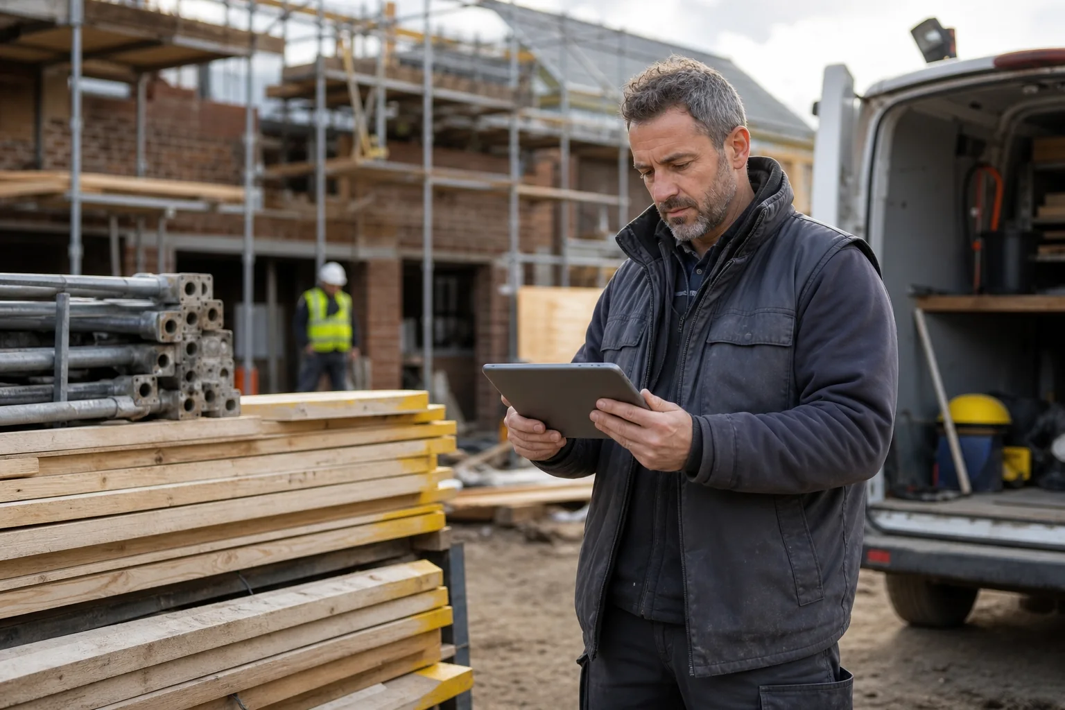 Subcontractor reviewing reverse-charge cash flow beside building materials