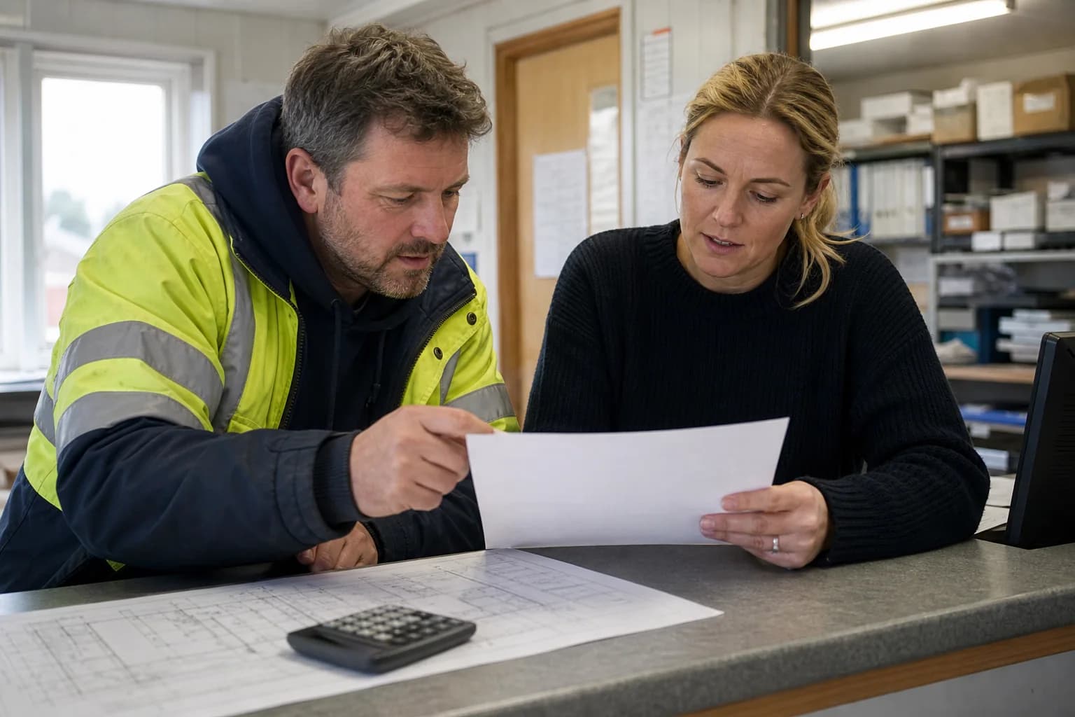 Subcontractor and accounts clerk checking a VAT reverse-charge invoice