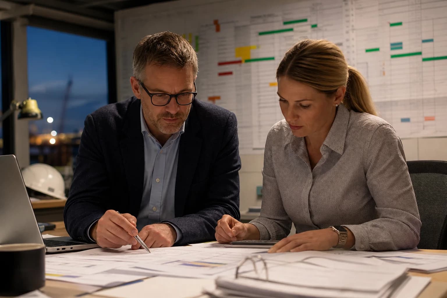 Construction finance team reconciling year-end company accounts