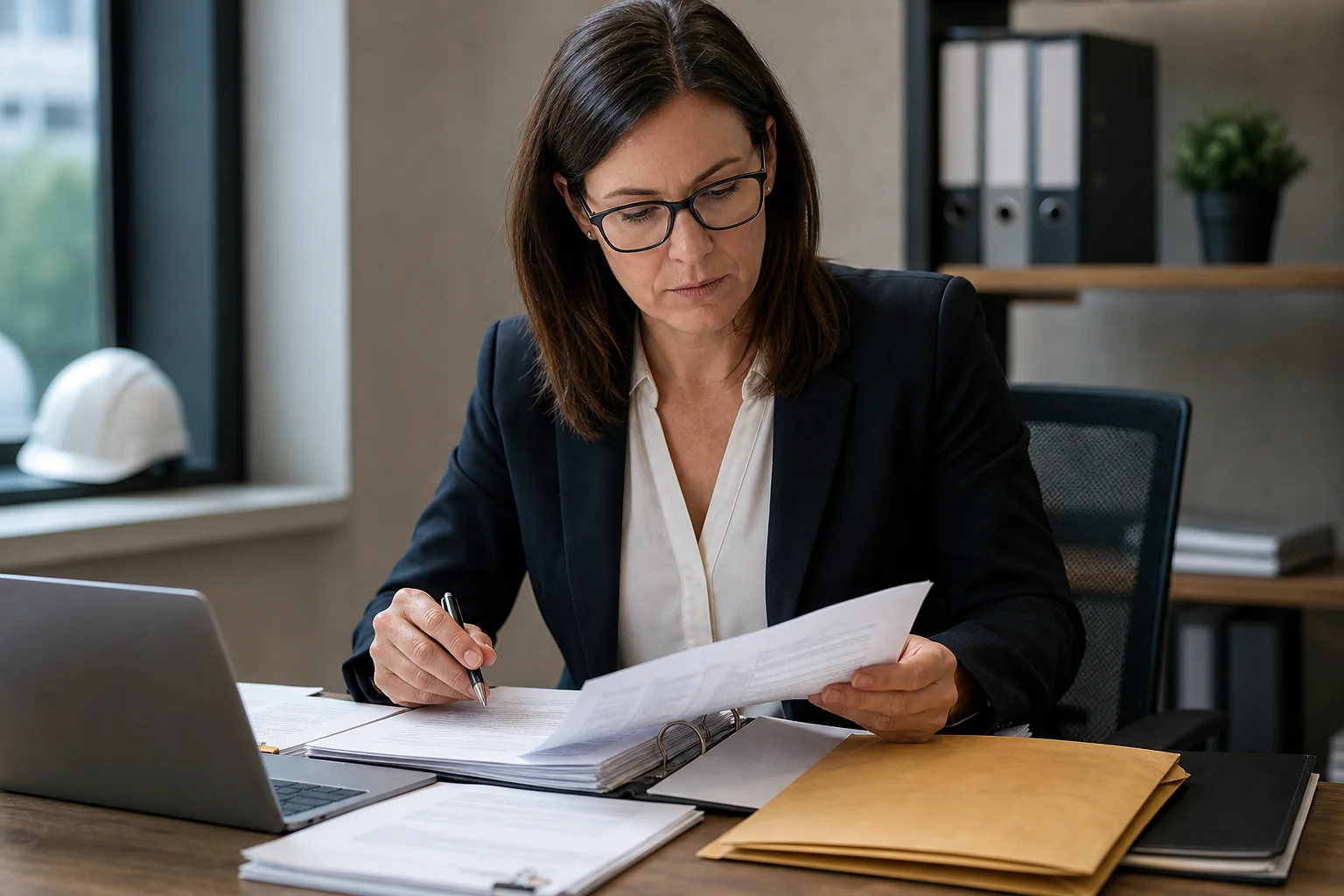 Construction compliance manager auditing CIS evidence and payment records