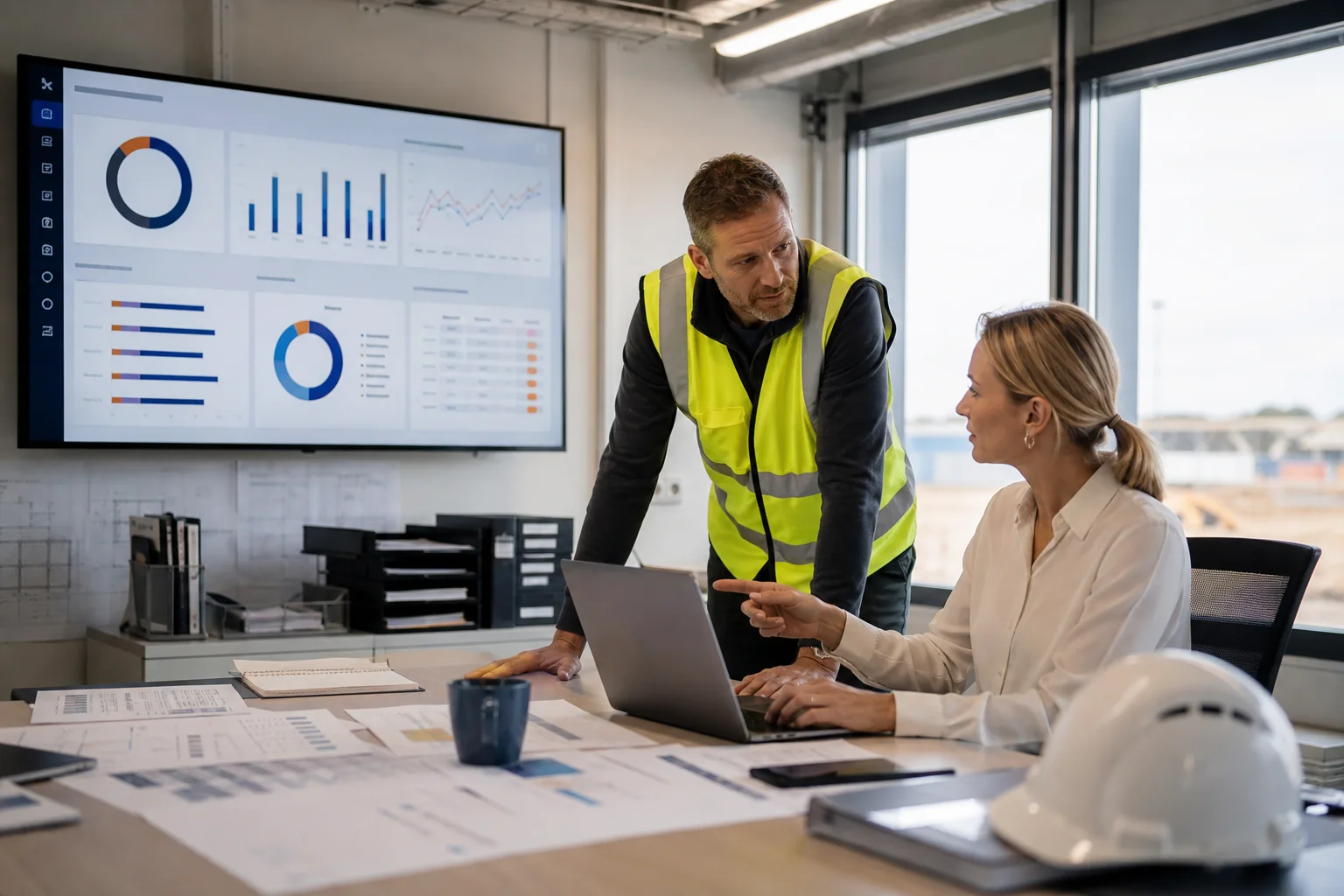 Construction finance team reviewing a cloud project-accounting dashboard