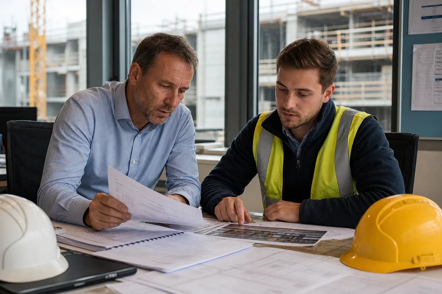 Construction accountant and quantity surveyor reviewing contract revenue on site