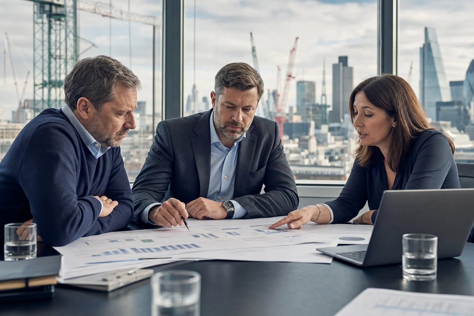 Construction directors reviewing a merger and restructuring plan with an adviser