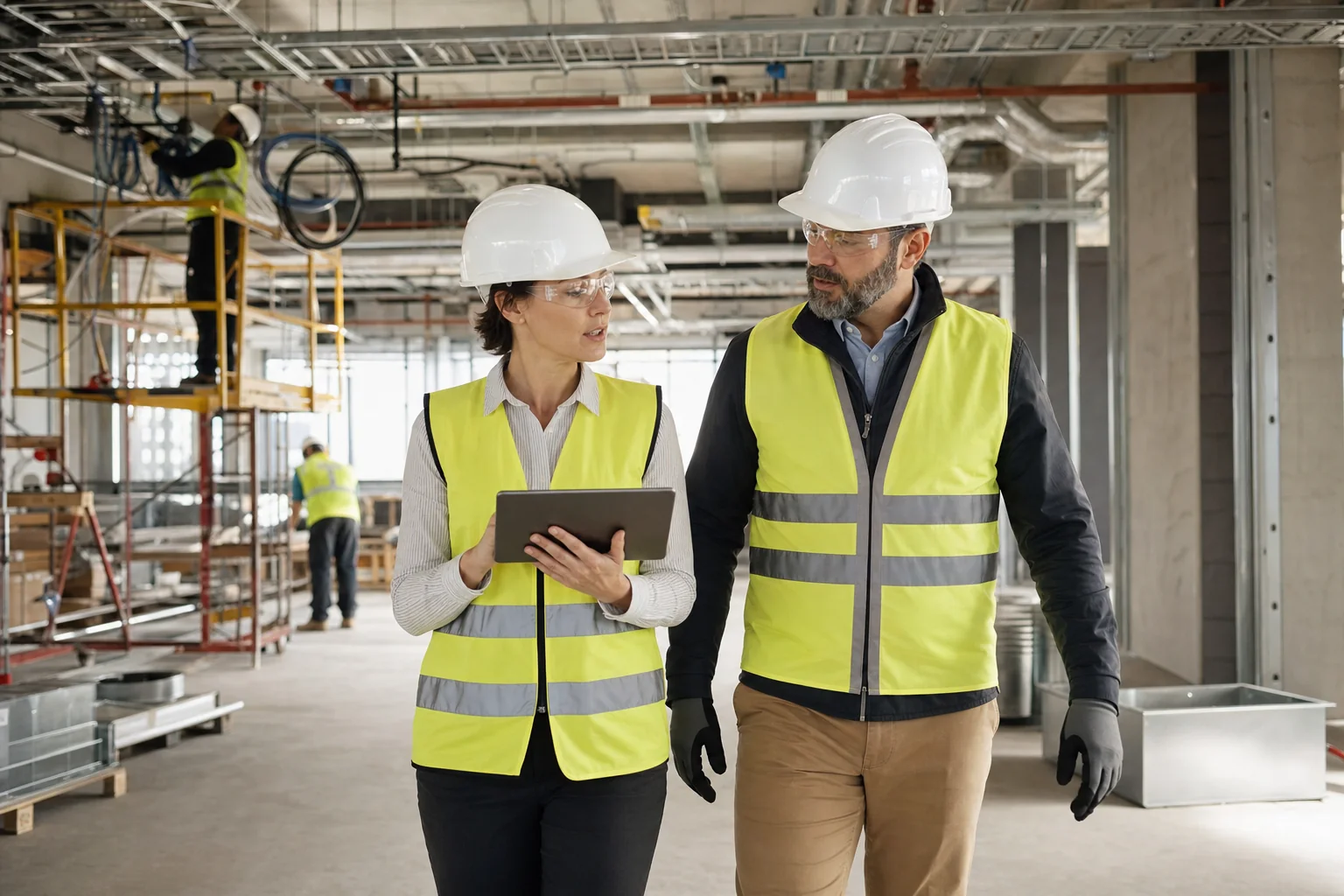 Construction finance manager reviewing operations during an M&E fit-out