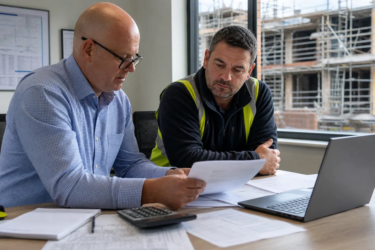 Contractor and finance manager checking construction reverse-charge VAT treatment