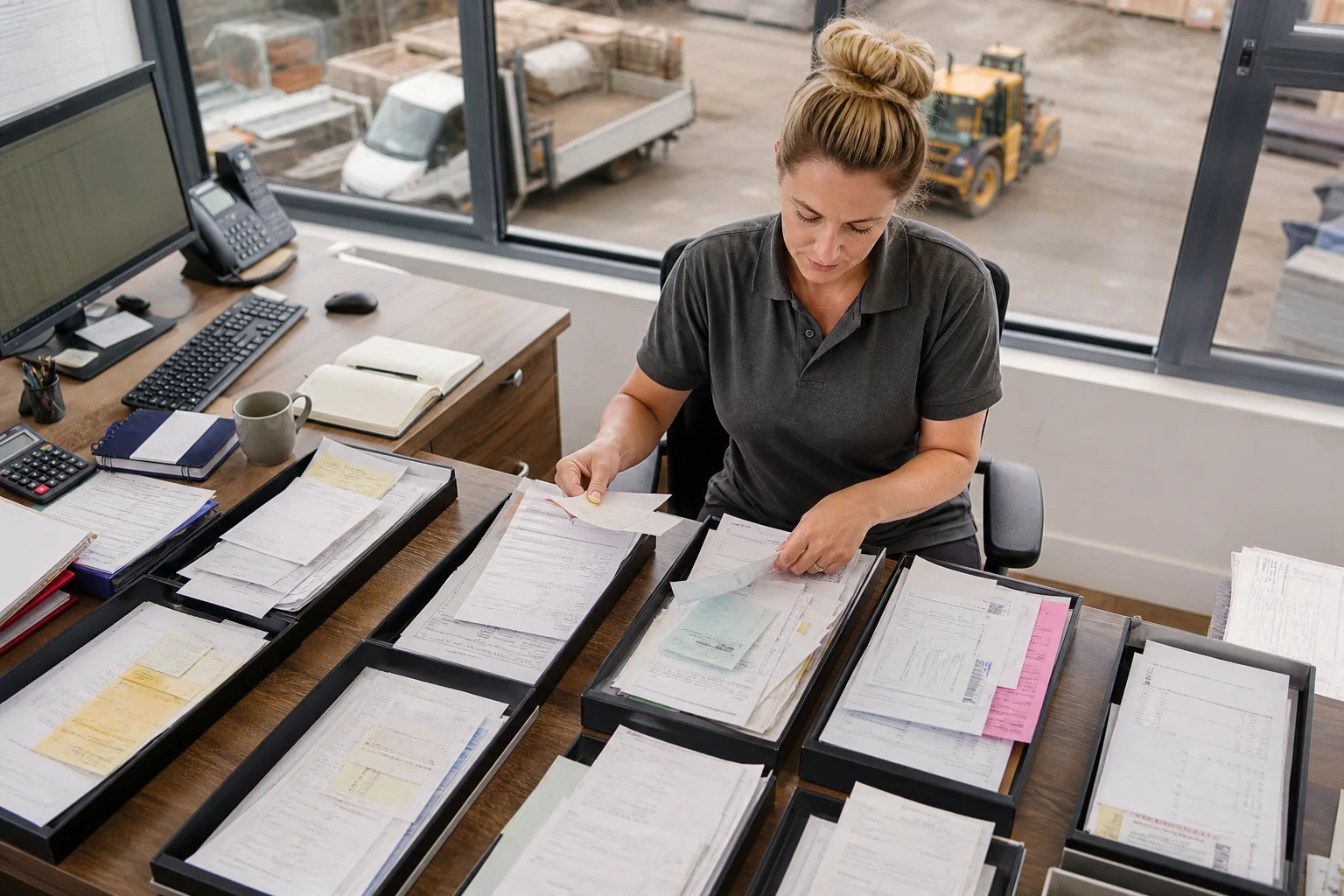 Construction bookkeeper organising supplier invoices and delivery records